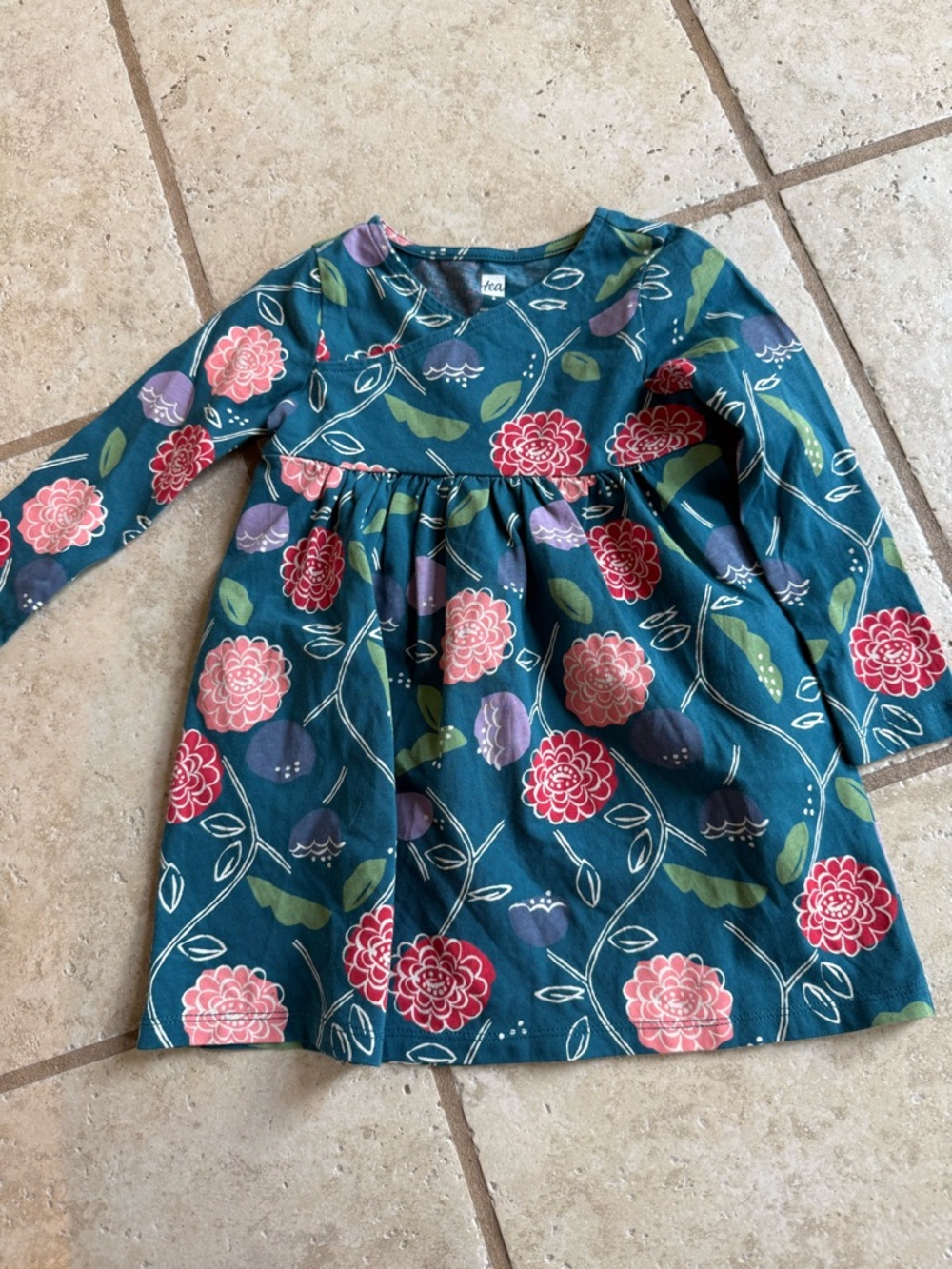 Tea Collection Teal Floral Long-Sleeve Dress with Pink and Purple Blooms